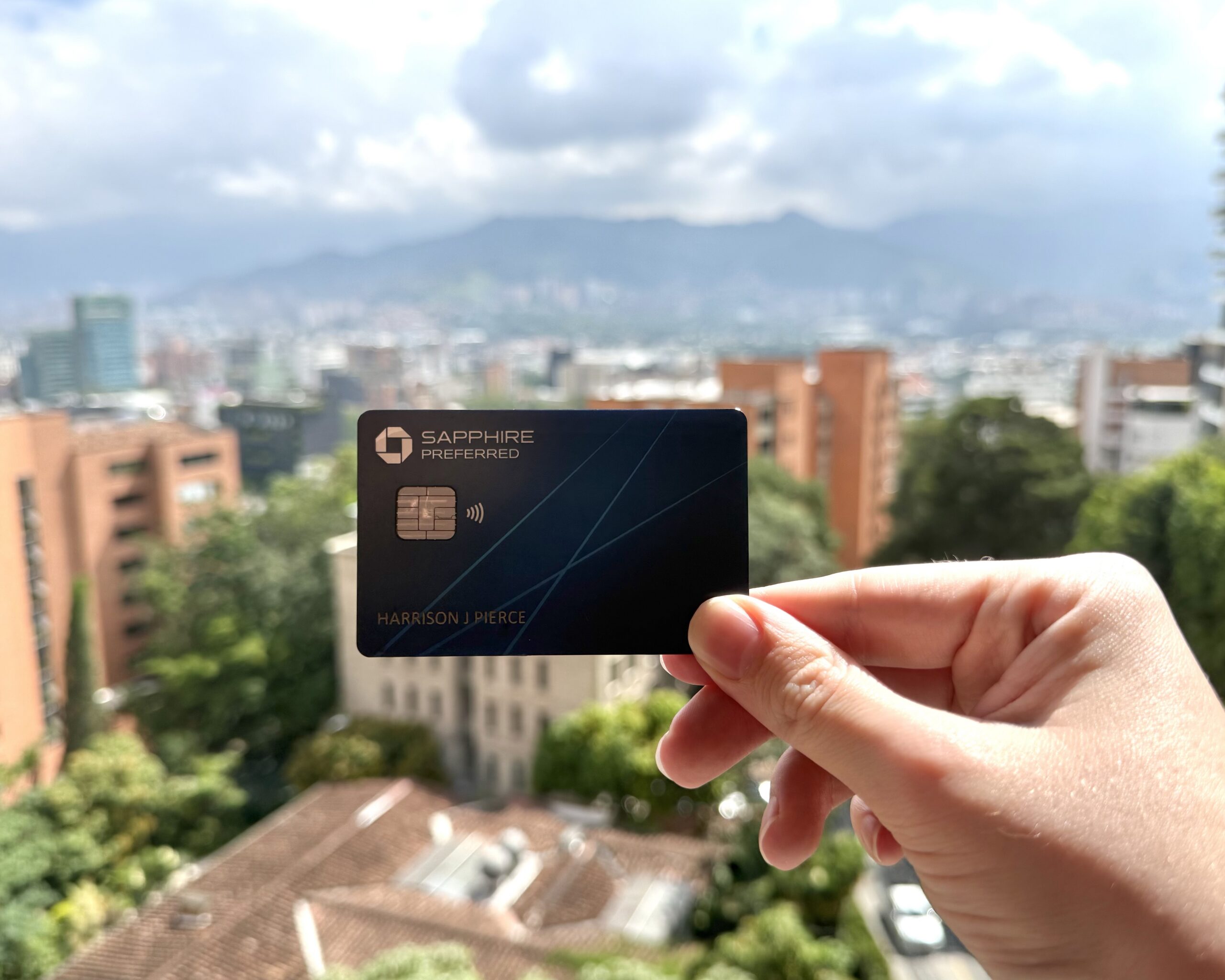 Chase Sapphire Preferred in front of buildings.