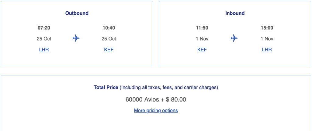 British Airways LHR to KEF round-trip business class using Avios