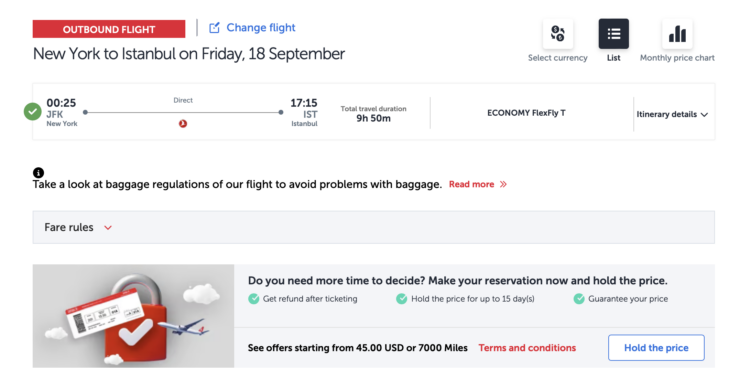 Turkish Airlines hold the price for 45 USD, flight in Sep. 2026