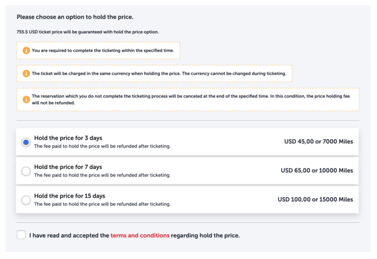 Turkish Airlines hold the price options