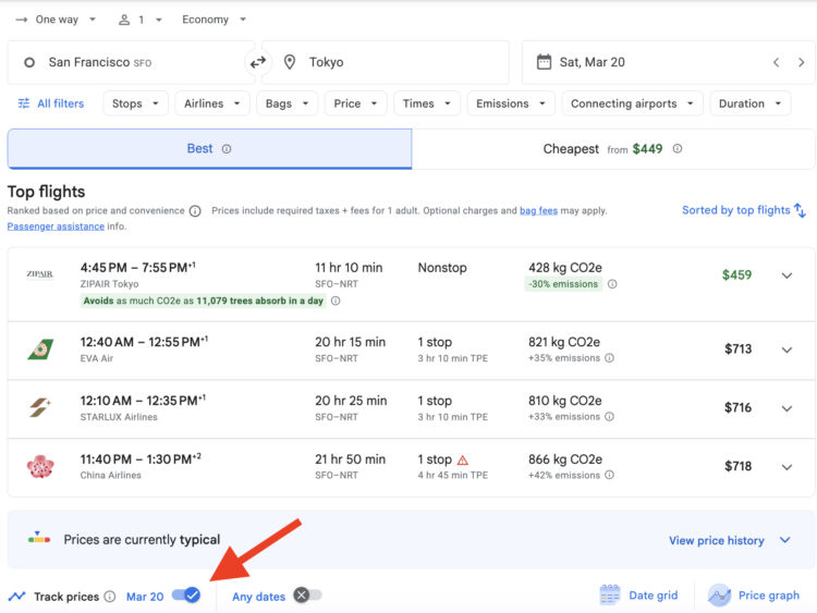 Google Flights search showing results from SFO to Tokyo.