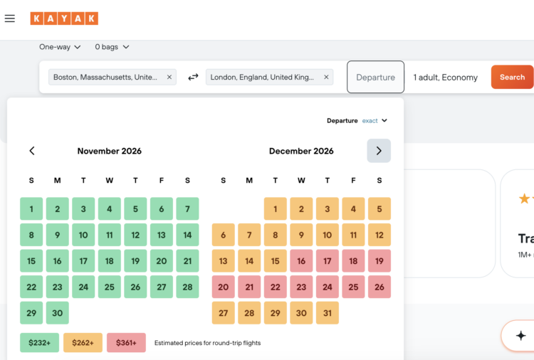 Kayak flight search website showing a calendar with green, yellow, and red dates.