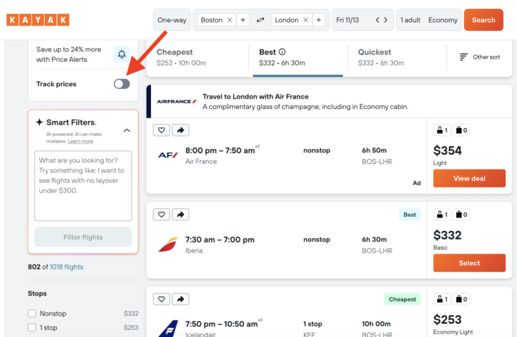 The Kayak flights search website showing results from BOS to LHR