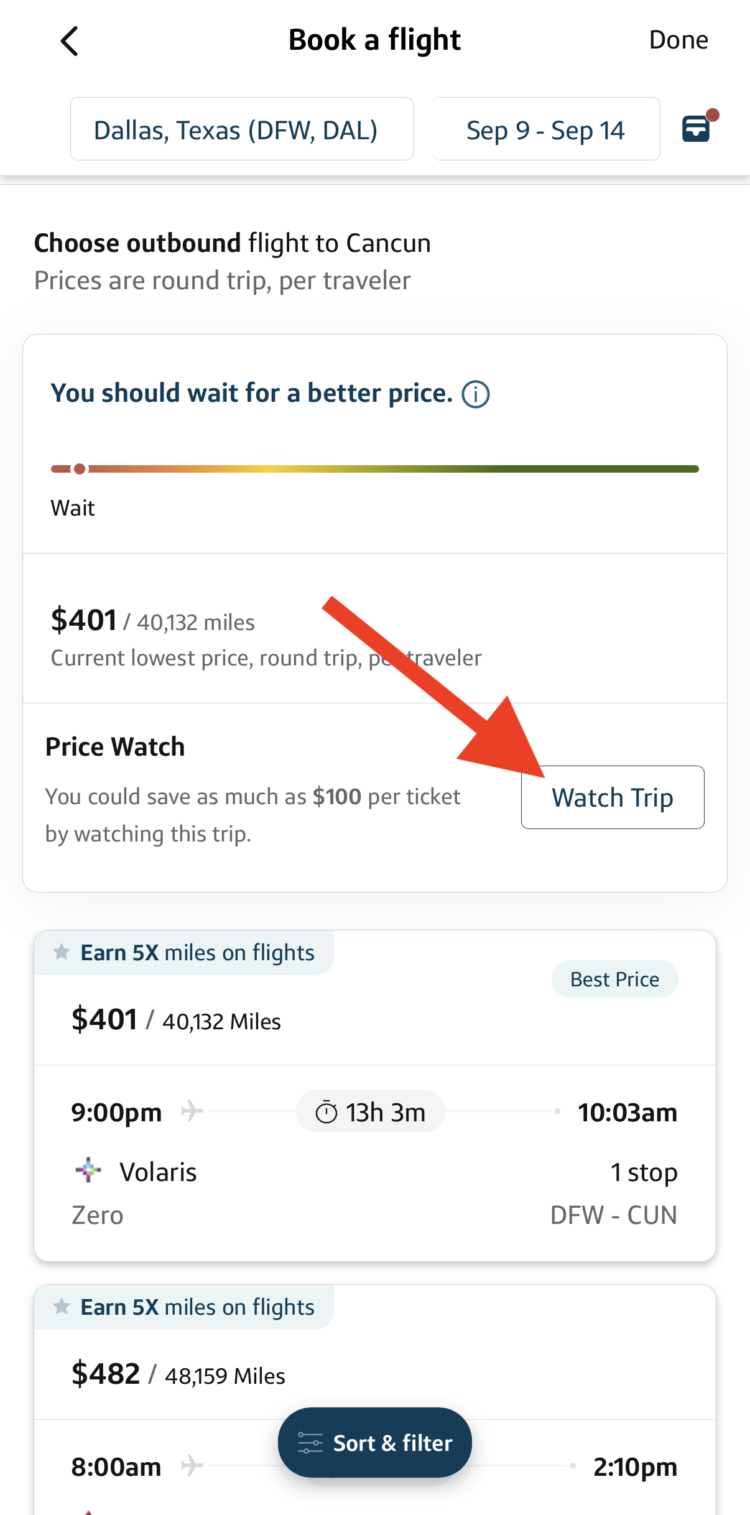 The Capital One Travel app showing a color-coded bar graph indicating high flight prices