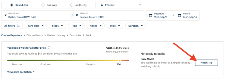 Capital One Travel with a color-coded bar graph indicating high flight prices