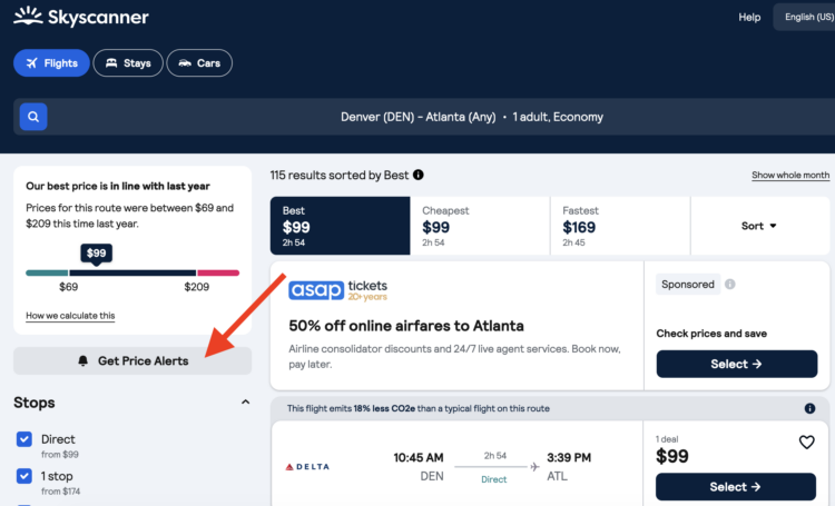 Skyscanner showing flights from DEN to ATL with an arrow pointing to the track prices button