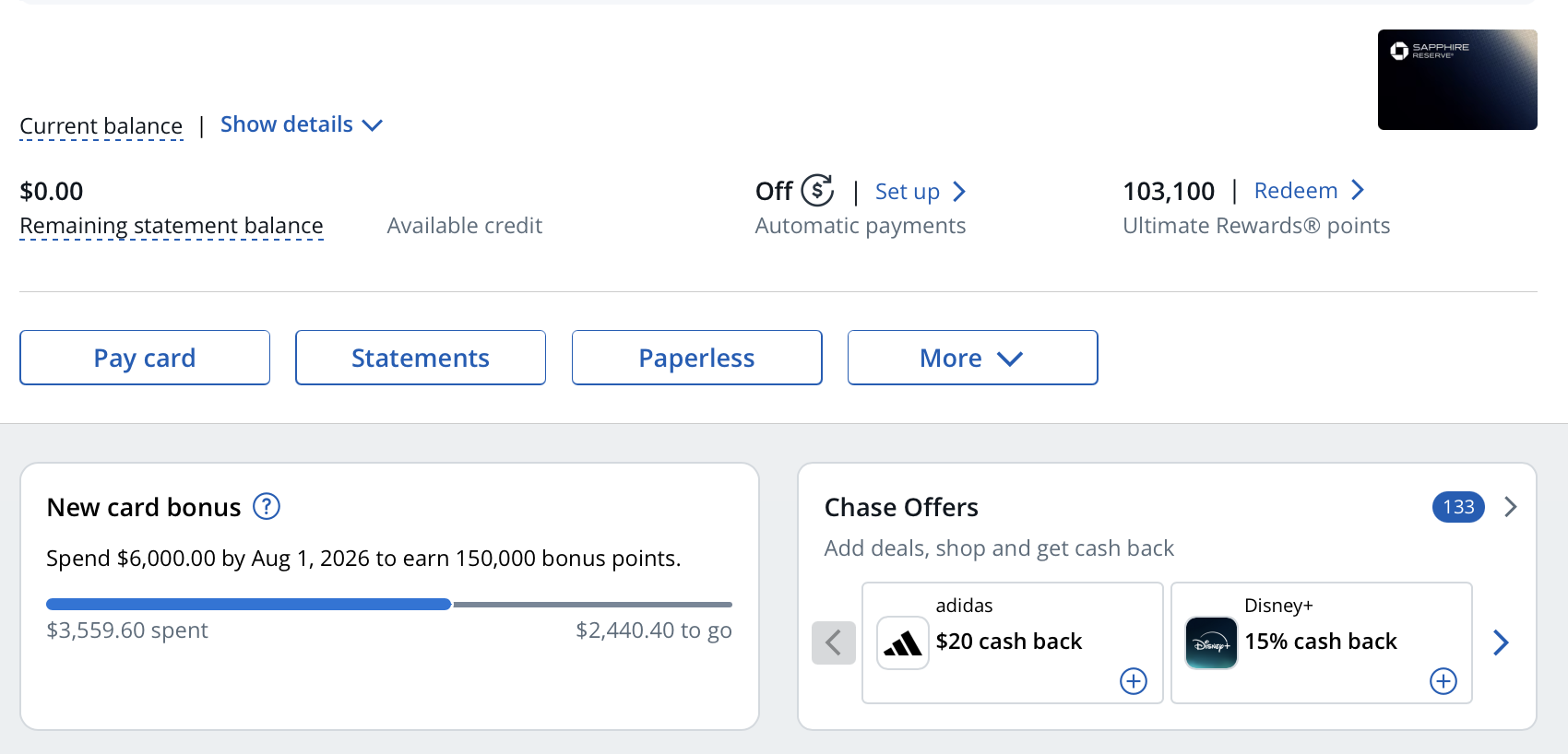 Chase account showing a New card bonus widget