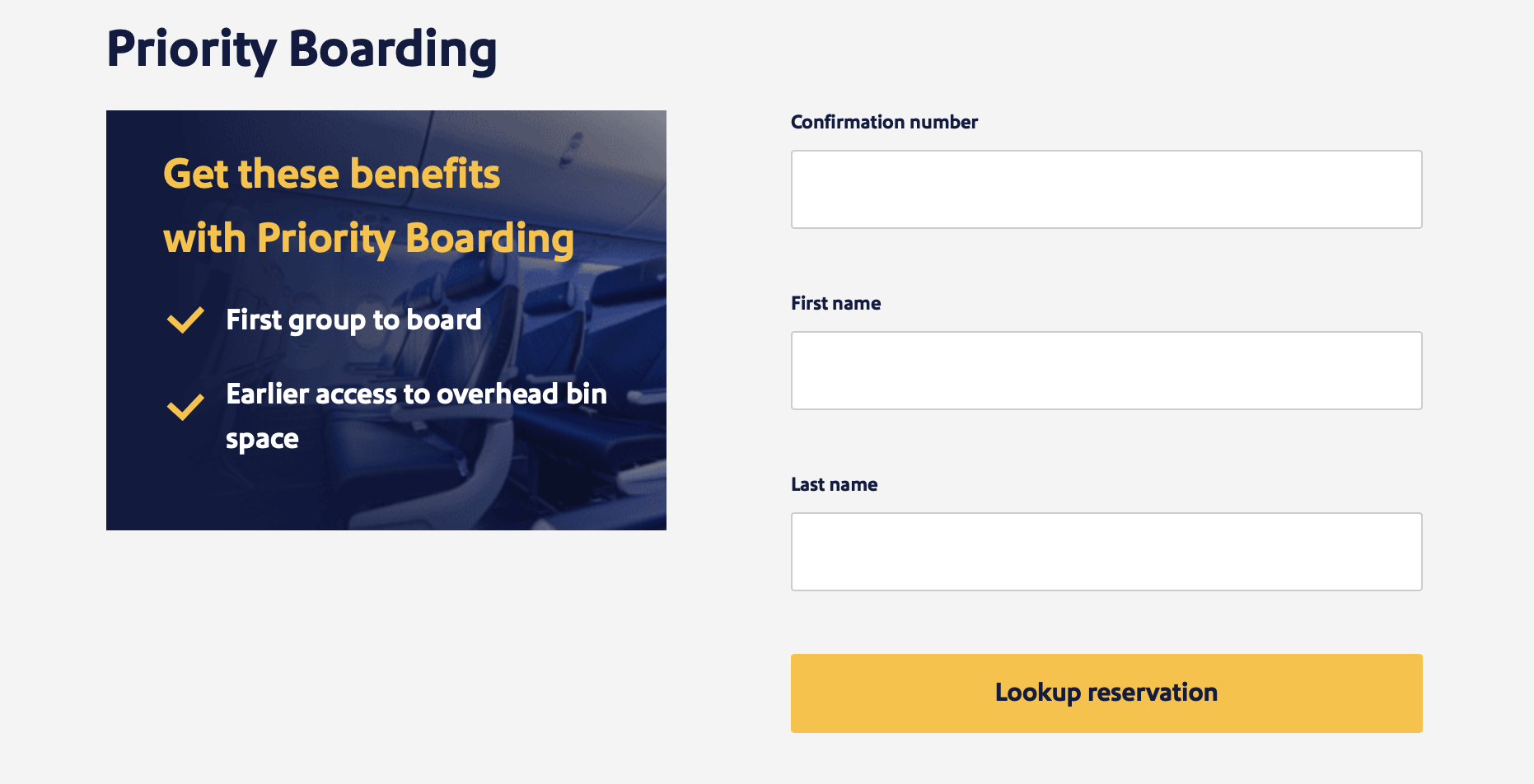 Southwest Airlines Priority Boarding purchase page with fields to enter a confirmation number, first name, and last name.