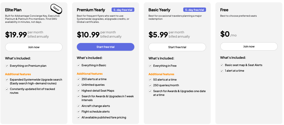 Comparison of ExpertFlyer membership plans