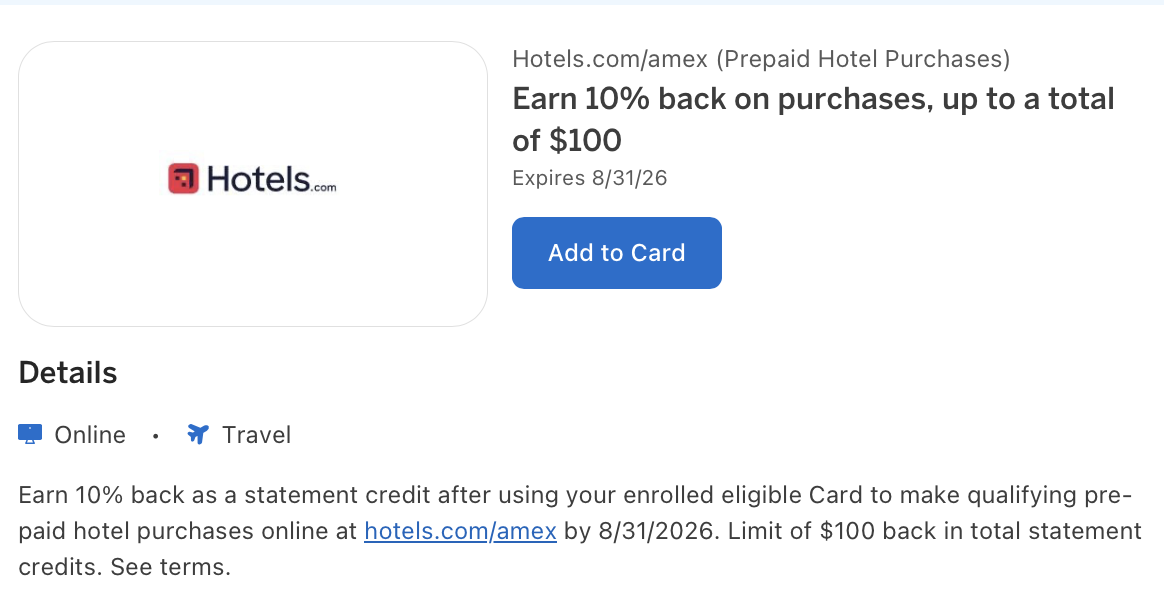 Amex Offer for hotels.com