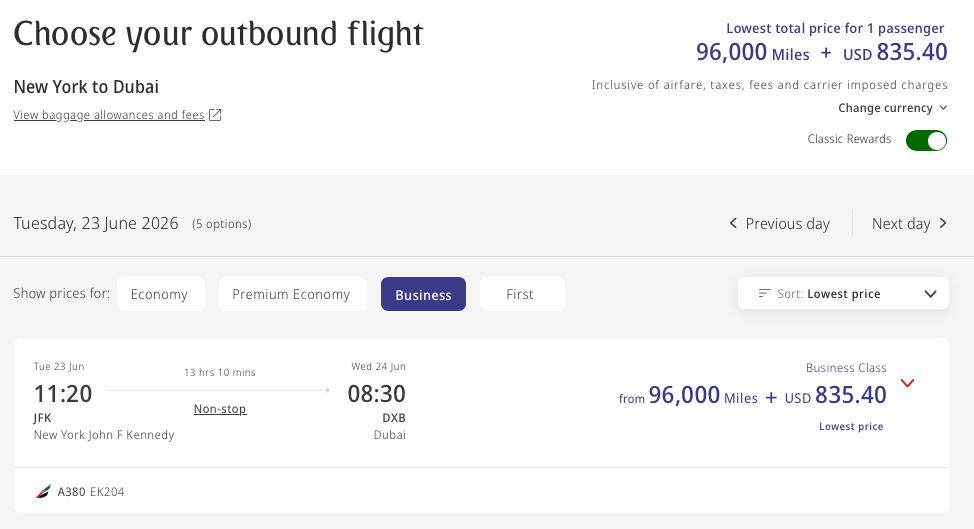 Emirates award search results for a flight from New York to Dubai in Business Class