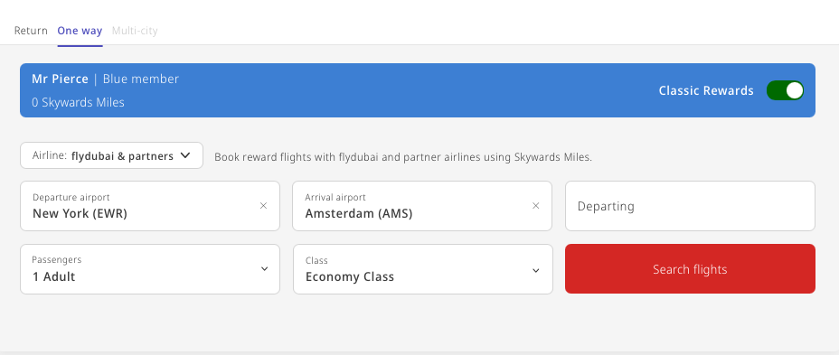 Emirates flight booking interface with details