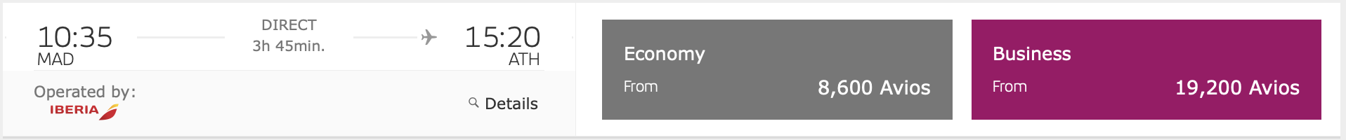 MAD to ATH Iberia search result