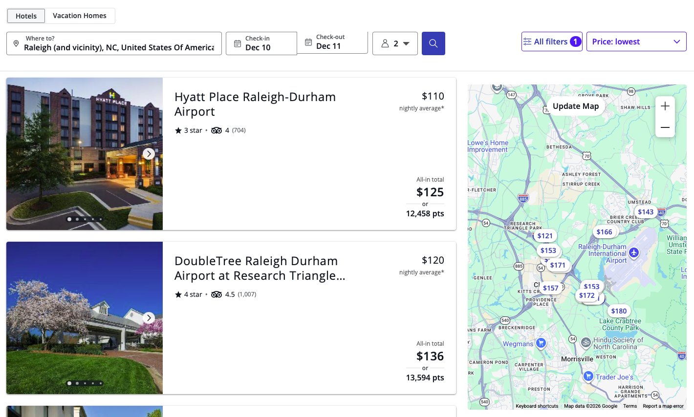 Chase Travel results for hotels in Raleigh