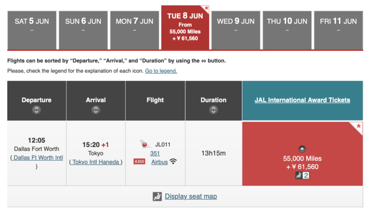 JAL Mileage Bank business-class award for 55,000 miles DFW-HND