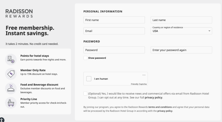 Radisson Rewards sign up page