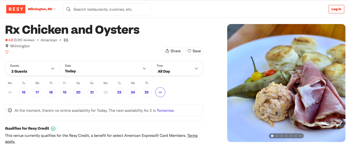 Rx Chicken and Oysters listing on Resy