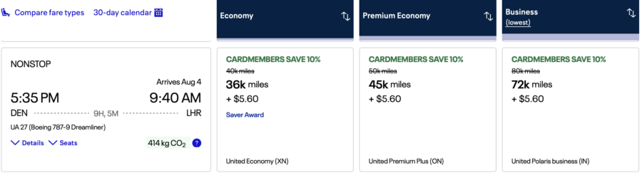 Denver to London flight using United miles. 