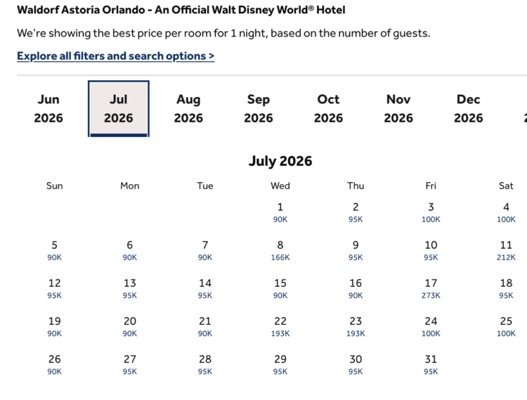 Waldorf Astoria Orlando calendar view for award rates in July 2026
