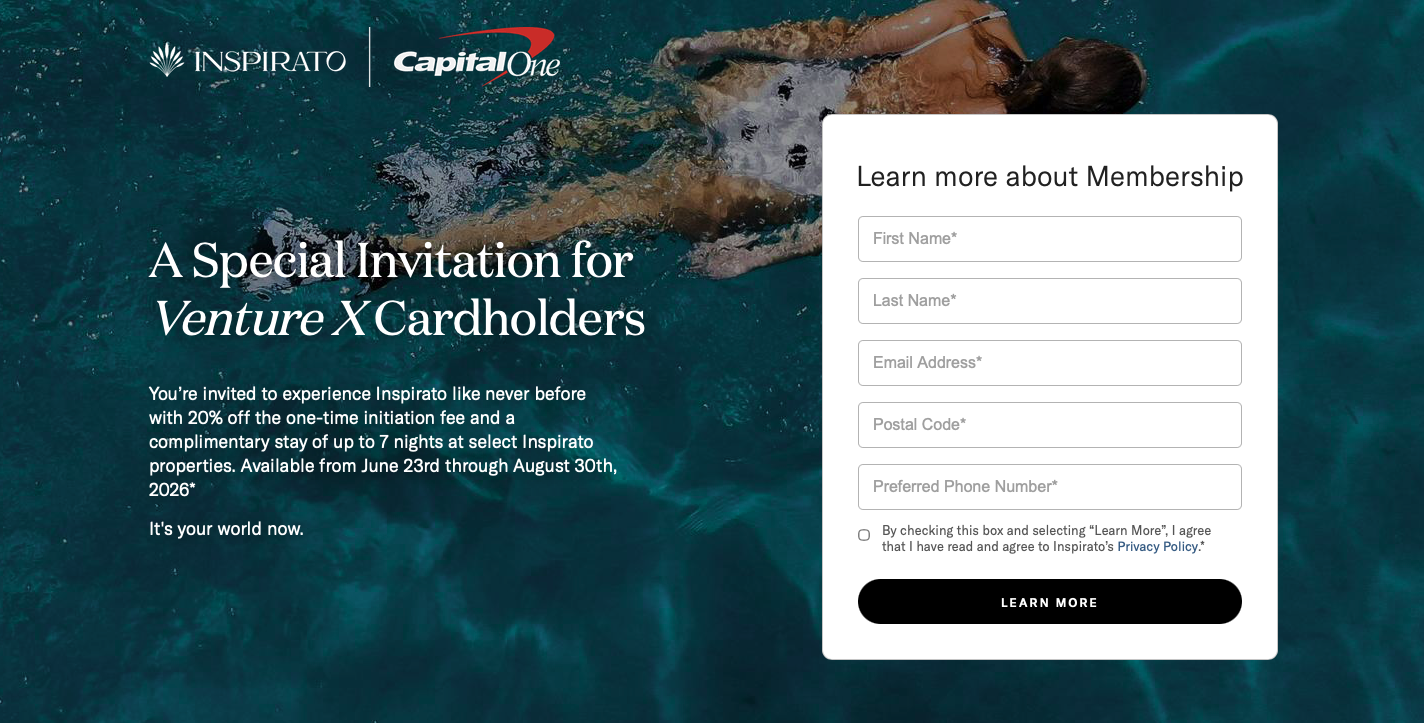 Inspirato Capital One landing page