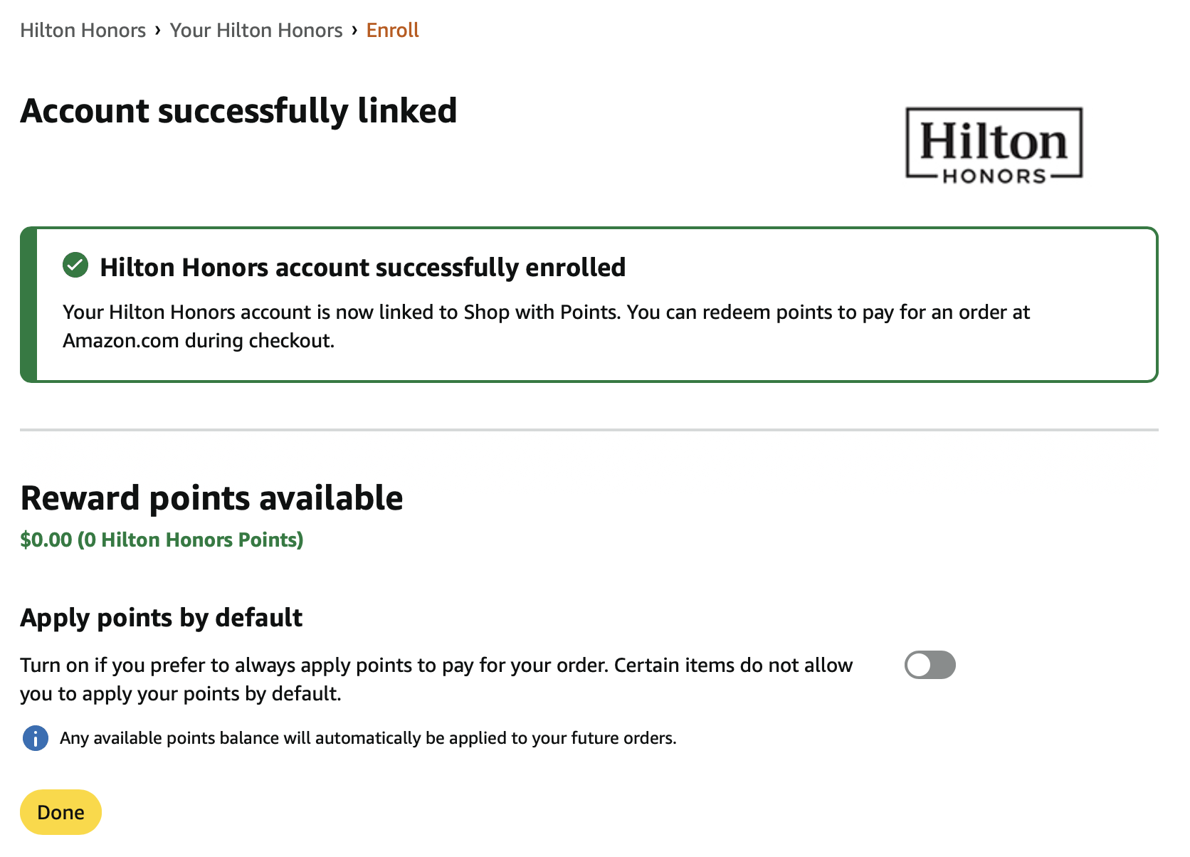Hilton Honors account successfully linked to Amazon