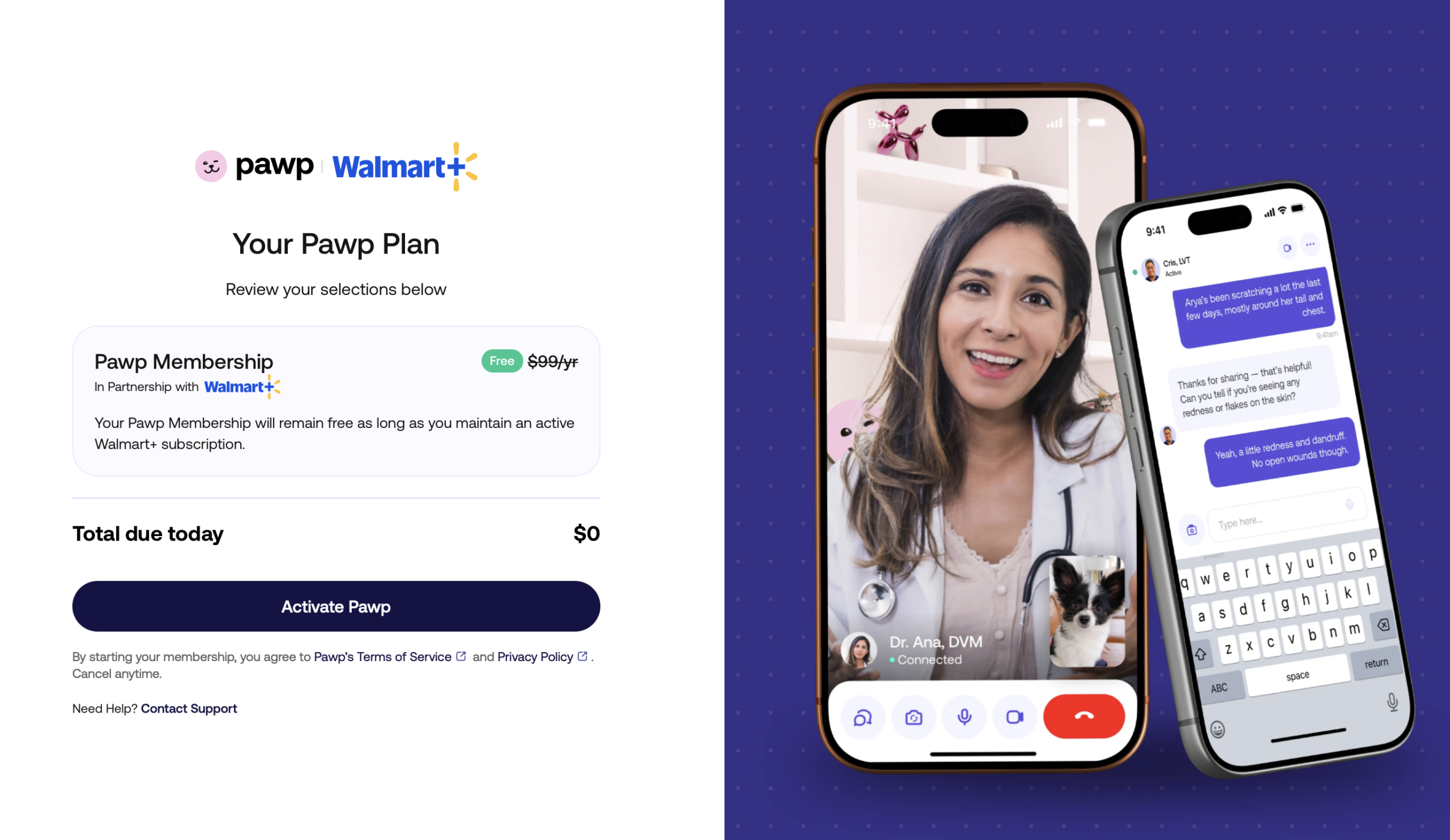Pawp / Walmart+ activation page