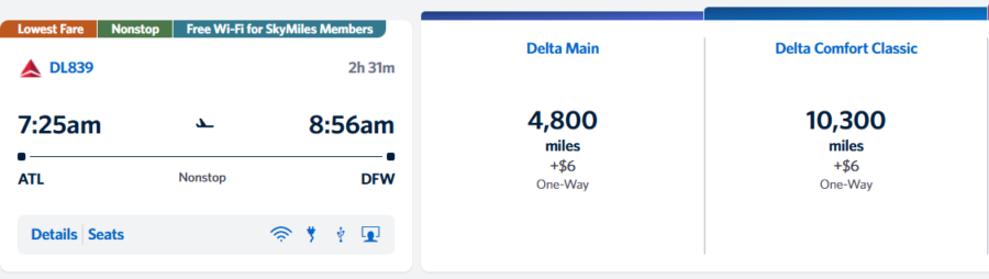 Screen shot of a flight bookable on Delta from Atlanta to Dallas