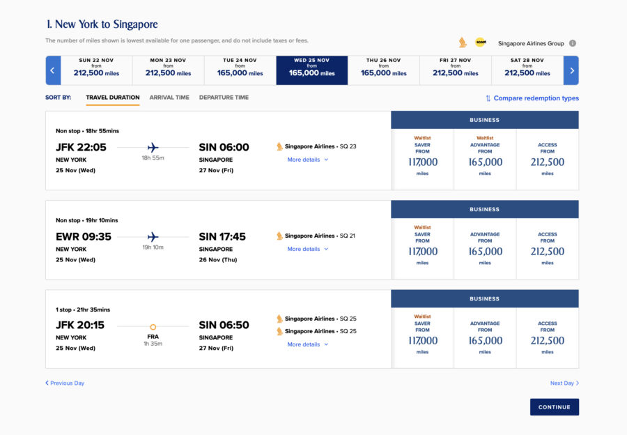 Singapore KrisFlyer award search results for NYC-SIN, including some waitlist options