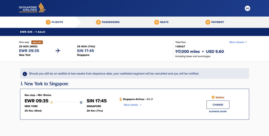 Waitlisting a Singapore KrisFlyer award ticket, EWR-SIN
