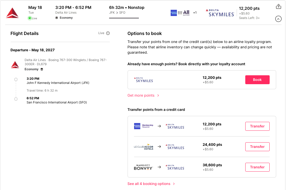 Roame.Travel search results for JFK to SFO