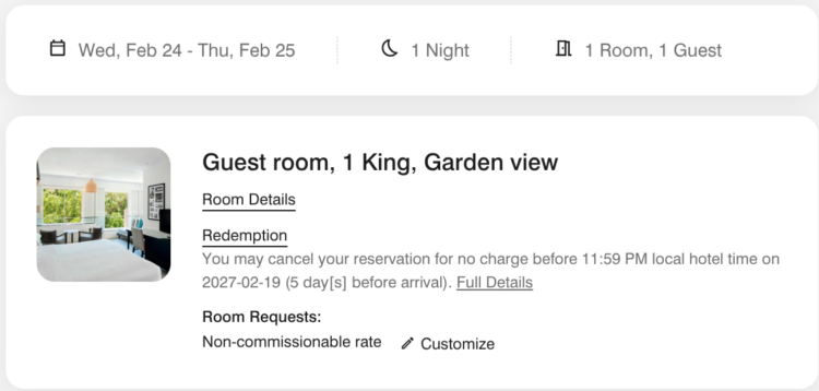 Booking page for a room at the Port Douglas Marriott that also displays the hotel's cancellation policy. 