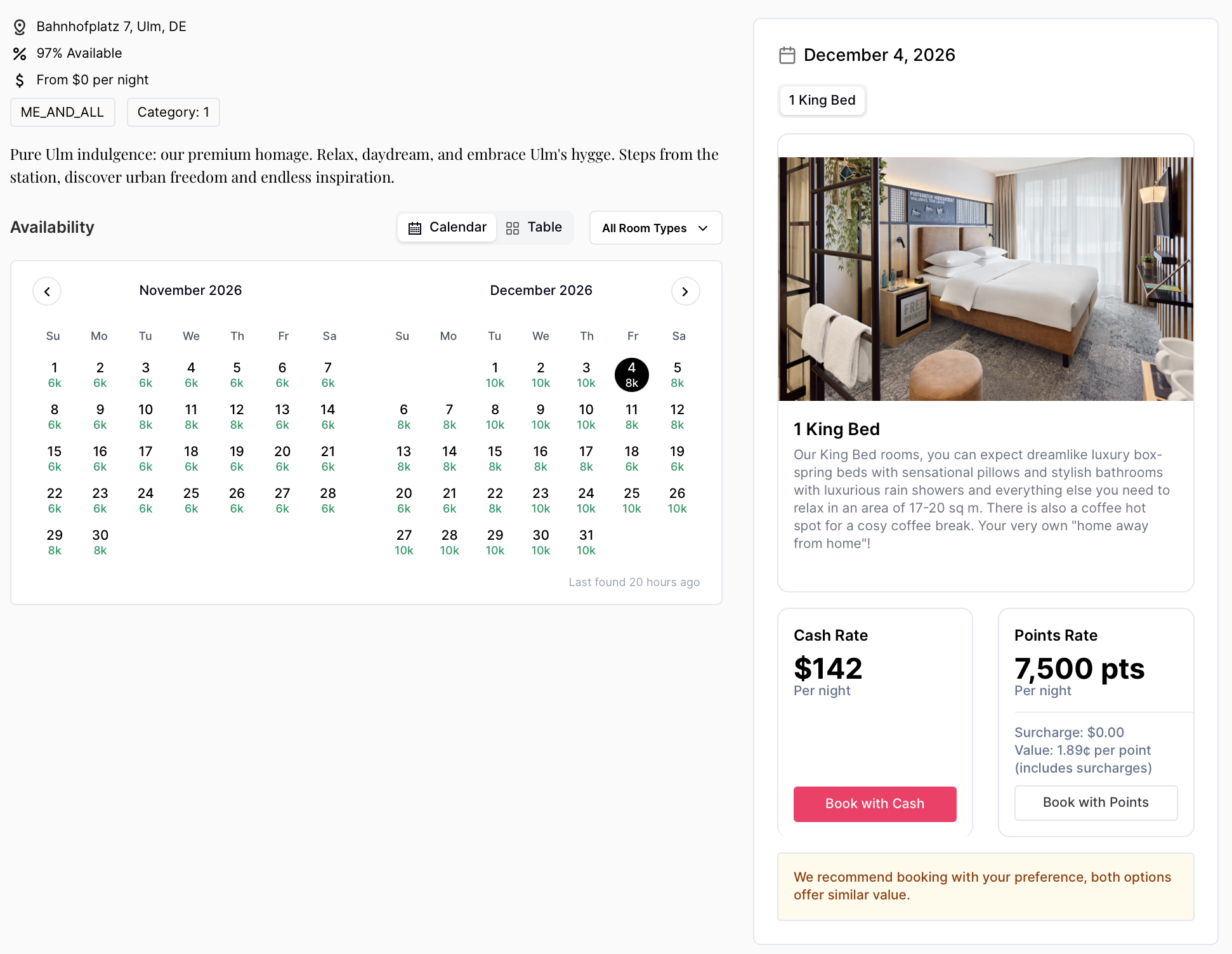 Roame hotel page showing fare calendar