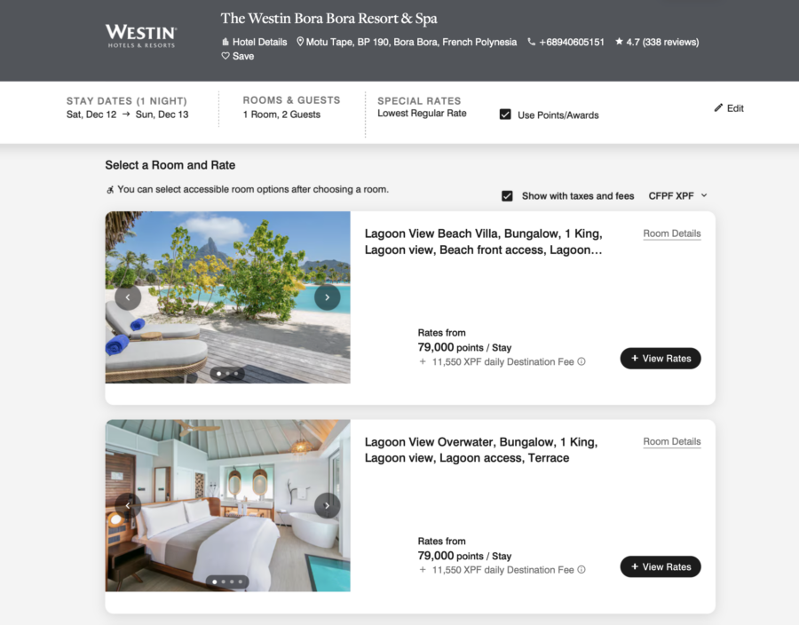 Screenshot of Westin Bora Bora pricing