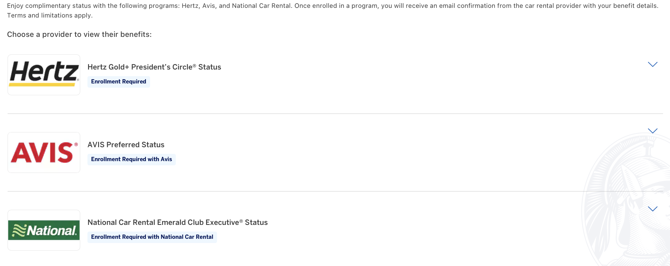 Information on enrolling ot Hertz, Avis, and National elite status via Amex Platinum