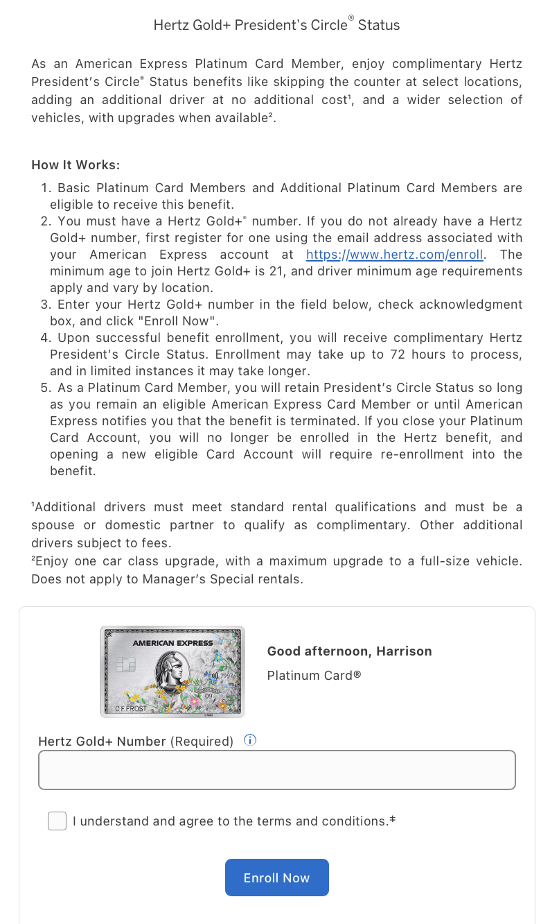 Hertz President's Circle enrollment page thorugh Amex Platinum