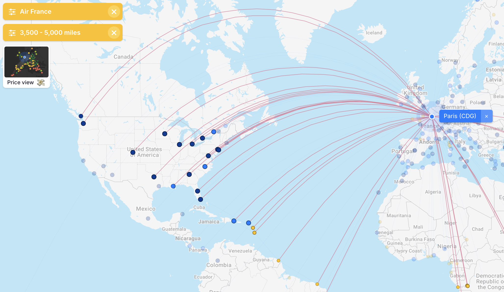 Air France route map focusing on flights 3,500 to 5,000 miles from CDG