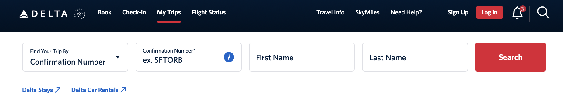Delta's "My Trips" search bar