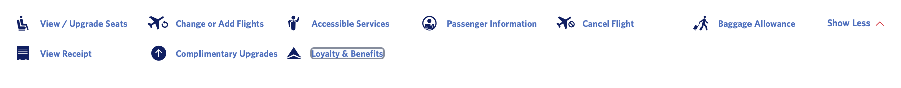 Menu bar in the "My Trips" section of a Delta account