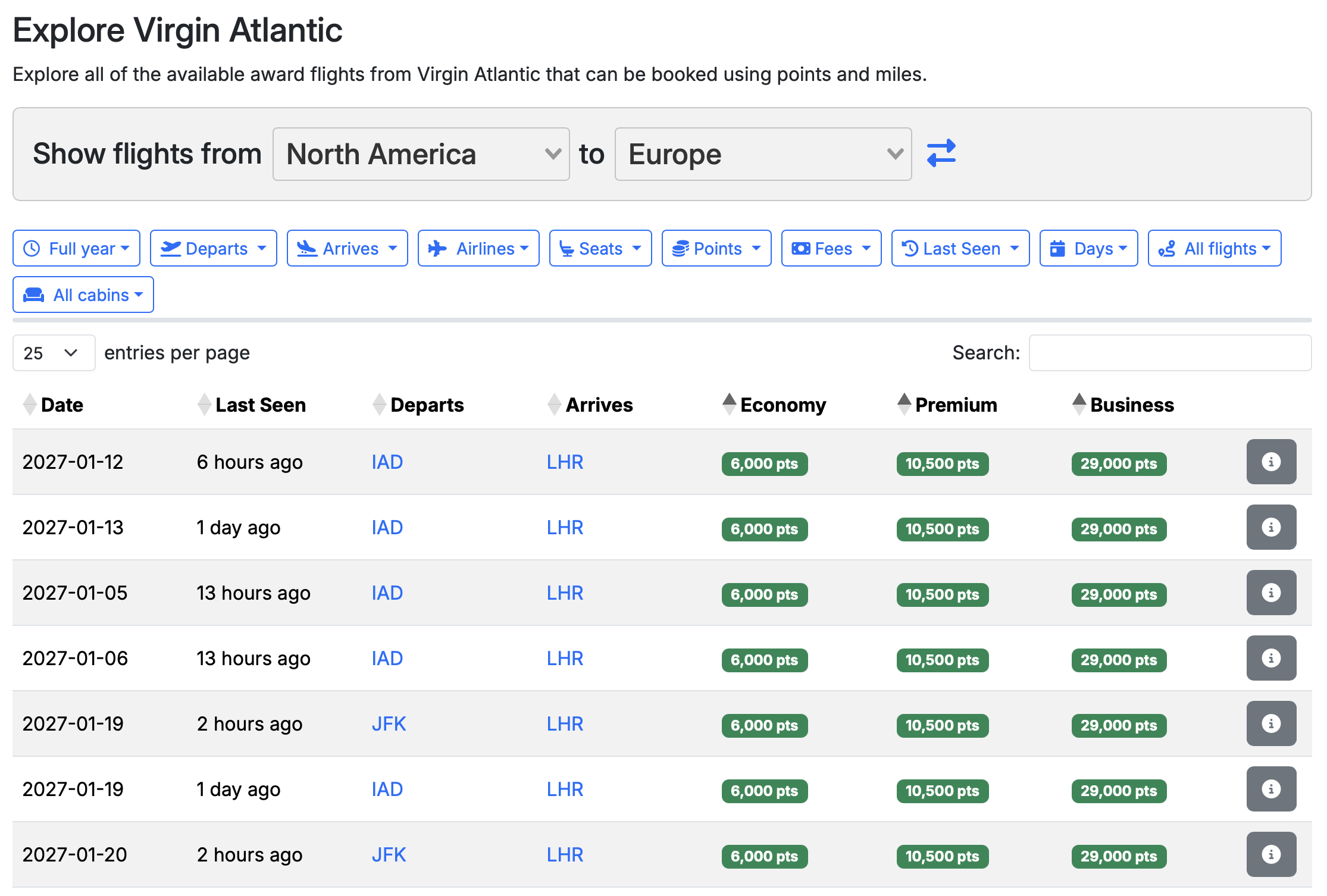 Screenshot of Seats.aero Virgin Flying Club awards.