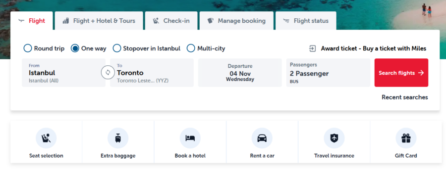 Turkish Airlines homepage booking widget