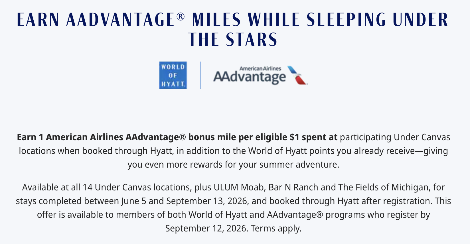 Screenshot of World of Hyatt/Under Canvas promotion with American Airlines.