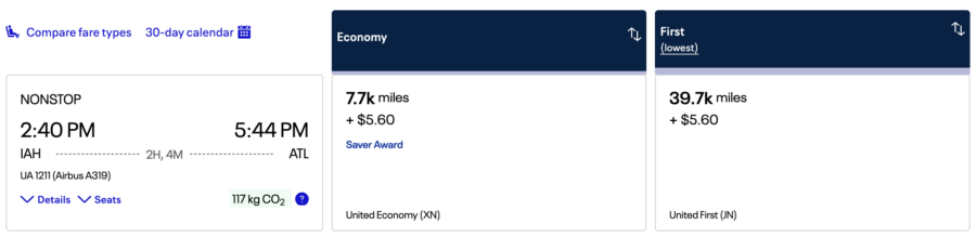 United Airlines Award Flight from IAH to ATL