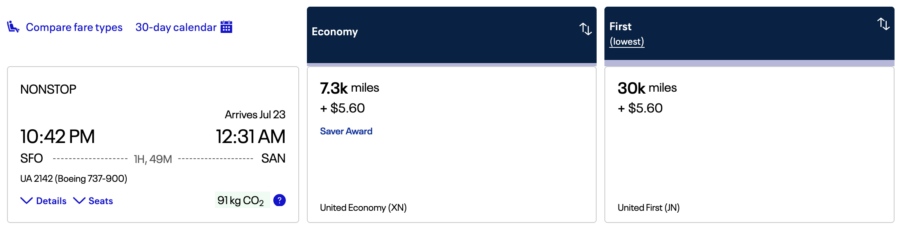 United Airlines Award Flight from SFO to SAN
