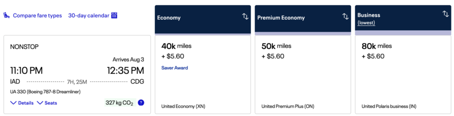 United Airlines Award Ticket from IAD to CDG