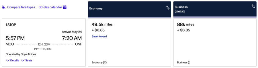 United Airlines award ticket on Copa Airlines from MCO to CNF via PTY