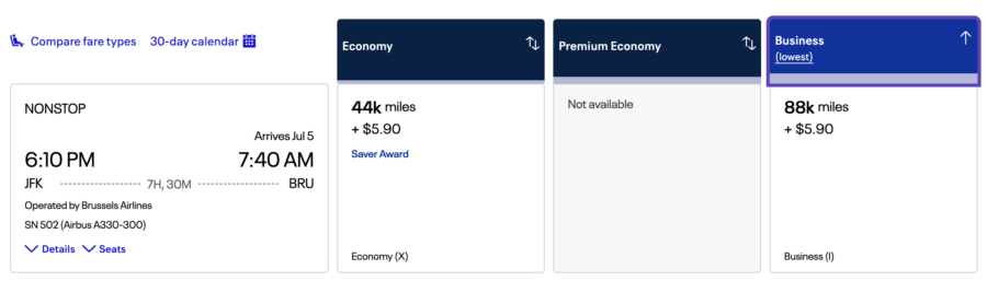United Award on Brussels Airlines from JFK to BRU
