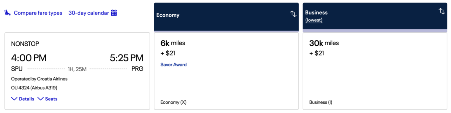 United Award ticket on Croatia Airlines from SPU to PRG