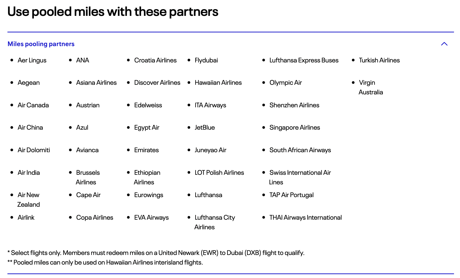 Screenshot of United pool-eligible partners.