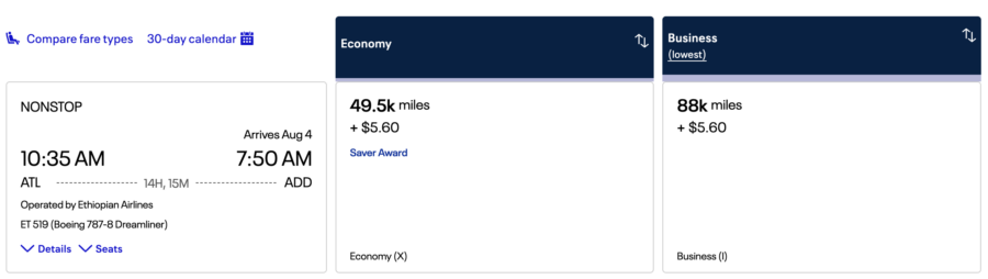 United award ticket on Ethiopian Airlines from ATL to ADD