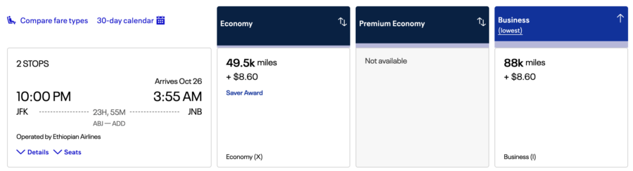 United award ticket on Ethiopian Airlines from JFK to JNB